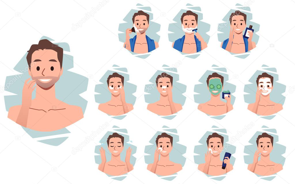 Men skin care steps in flat vector illustration isolated on white background. Use of cosmetics, shaving, beauty treatments, home spa. Applying hydrating face mask, pathes, locion, cream