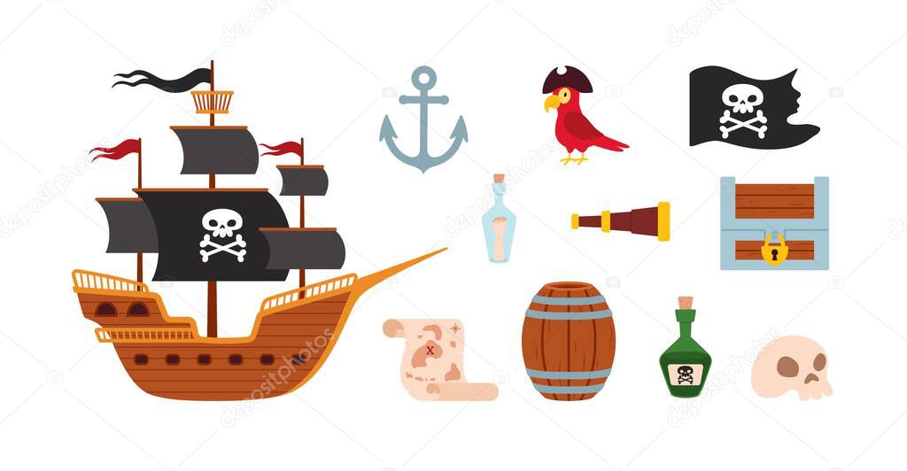 Pirates items collection including ship and treasure chest, flat cartoon vector illustration isolated on white background. Icons or symbols set of pirate marine.