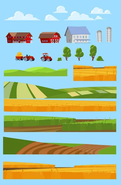 Landbouwbedrijf Veld Details Collectie Met Schuren Velden Vlakke Vector Illustratie — Stockvector