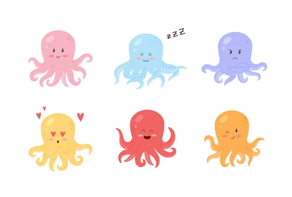 Cute Octopus Cartoon Icons Stickers Flat Vector Illustration Isolated White — Stock Vector
