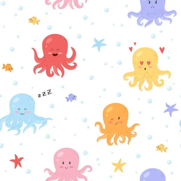 Bezešvé Vzor Roztomilými Chobotnice Znaky Kreslené Ploché Vektorové Ilustrace Dětská — Stockový vektor