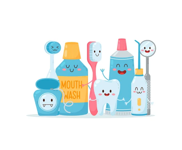 Lindos Productos Cuidado Dental Con Caras Felices Ilustración Vectorial Plana — Vector de stock