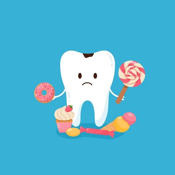 Χαριτωμένο Δόντι Τερηδόνα Που Κρατάει Γλυκά Ανθυγιεινός Χαρακτήρας Kawaii Δοντιών — Διανυσματικό Αρχείο