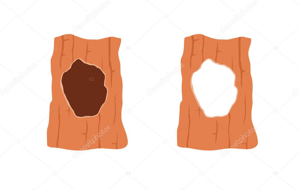 Hollow and hole in tree, cartoon flat vector illustration isolated on white background. Set of tree trucks with burrows. Wild and forest animals home or shelter.