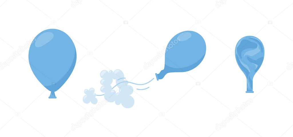Balloon kids toy full of air and deflating, flat cartoon vector illustration isolated on white background. Icons collection of full and pierced empty rubber balloons.