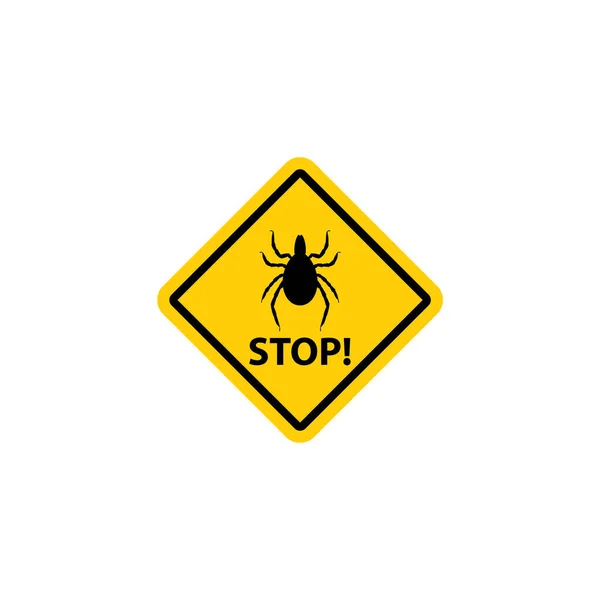 警告黄色贴纸与螨轮廓和停止字扁平风格 矢量插图孤立在白色背景 危险昆虫警告标志 — 图库矢量图片