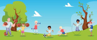 School outdoor PE lesson on sports ground, flat cartoon vector illustration. Children with teacher doing sports exercises at a physical education lesson.