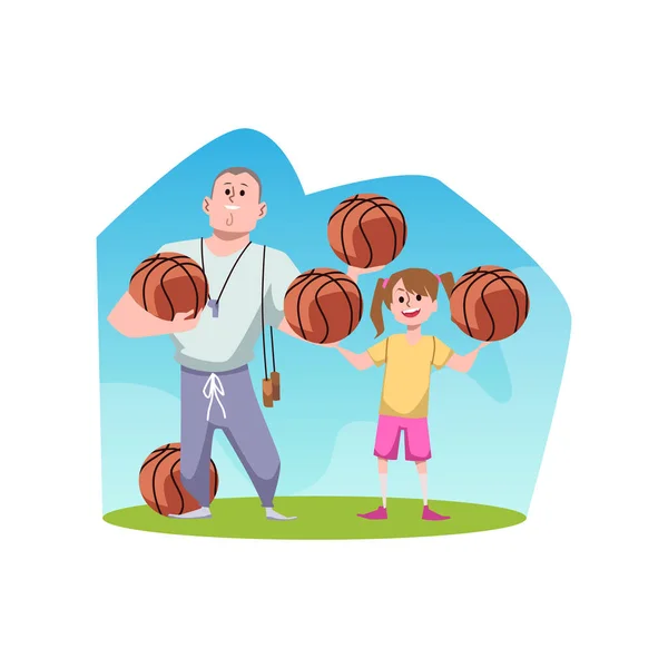 Child Girl Coach Basketball Balls Physical Education Concept Flat Vector — Stockvektor