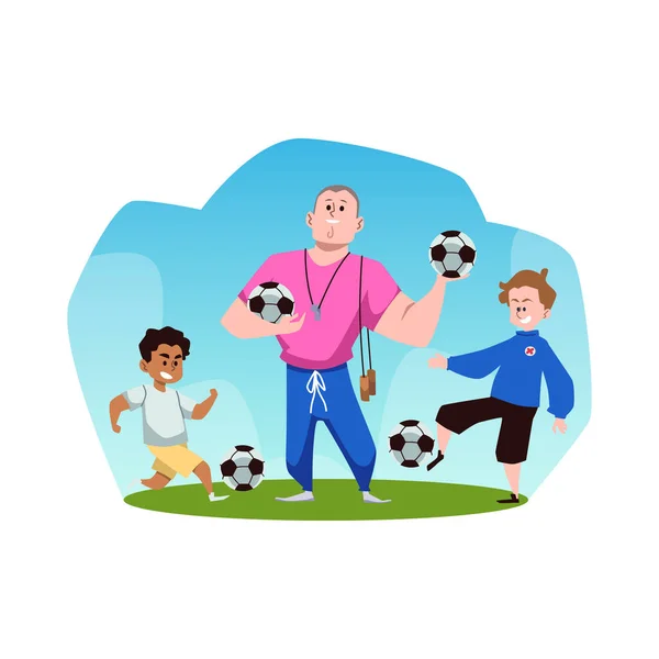 Coach Children Playing Football Physical Education Class Flat Vector Illustration — Stockvektor