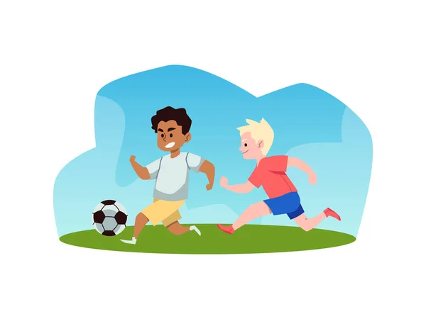 Δύο Παιδιά Που Παίζουν Ποδόσφαιρο Μαζί Επίπεδη Διανυσματική Απεικόνιση Απομονωμένη — Διανυσματικό Αρχείο