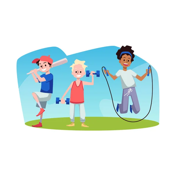 Group Diverse Kids Sports School Flat Vector Illustration Isolated White — Vettoriale Stock