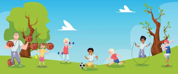 School Outdoor Lesson Sports Ground Flat Cartoon Vector Illustration Children — Vector de stock