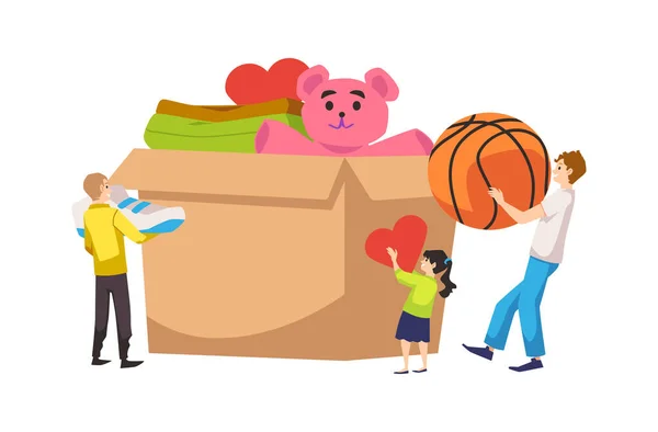 People Put Big Toys Clothes Huge Box Humanitarian Aid Flat — Archivo Imágenes Vectoriales
