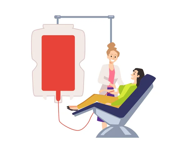 Blood Donation Concept Woman Sitting Chair Medical Drip Flat Vector — Wektor stockowy