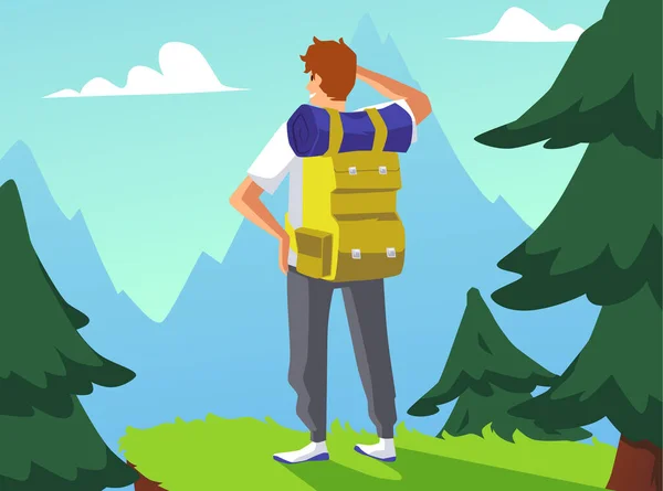 Man Backpack Hiking Mountains Person Looking Mountains Nature Flat Vector — ストックベクタ