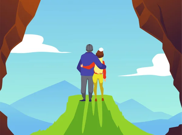 Man Woman Couple Hugging Top Mountain Cliff Looking Nature Landscape — Stockvector