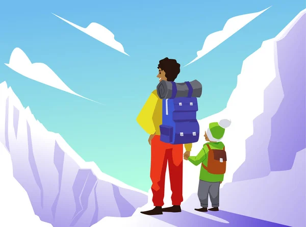 Father Huge Backpack Son Standing Top Snowy Mountain Flat Style — Stok Vektör