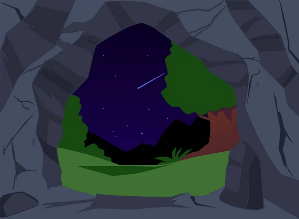 Stone Cave Night Forest Landscape Shooting Star Sky Cartoon Flat — Vetor de Stock