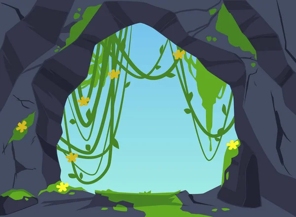 Stone Cave Entrance Landscape Tropical Jungle Plants Cartoon Flat Vector — Stockový vektor