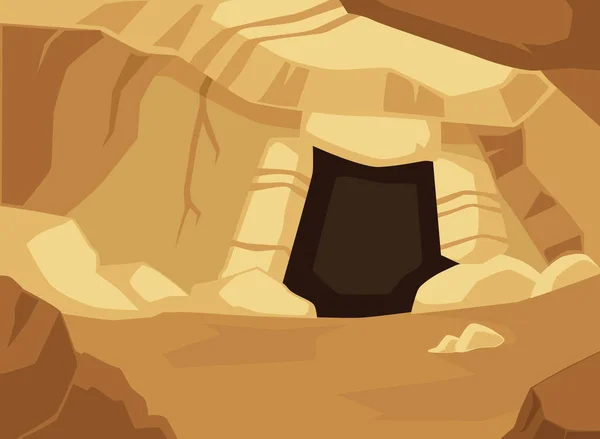 Dark Entrance Yellow Brown Stone Cave Flat Style Vector Illustration — Wektor stockowy