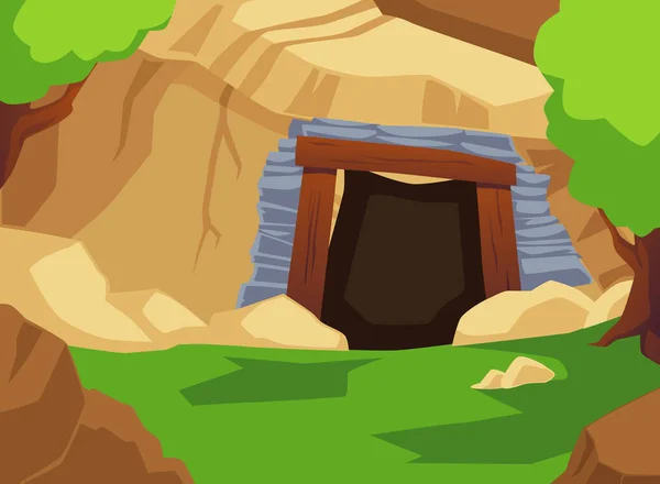 Old Abandoned Stone Cave Mine Entrance Cartoon Flat Vector Illustration — 스톡 벡터