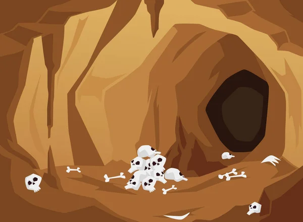 Scary Dangerous Stone Sand Cave Skulls Bones Cartoon Flat Vector — 스톡 벡터