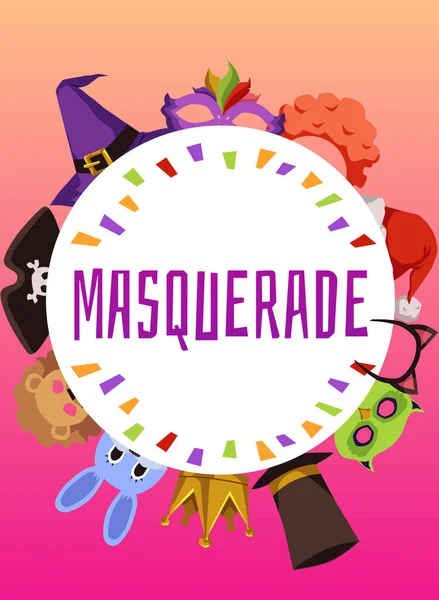 Carnival Masquerade Banner Template Party Poster Design Masks Flat Cartoon — Image vectorielle