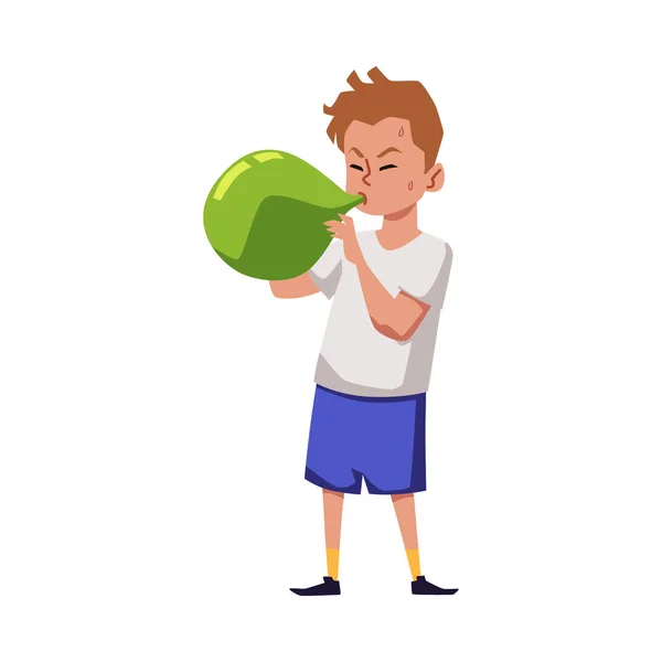 Cute Little Boy Makes Effort Blow Green Balloon Flat Style — Vetor de Stock