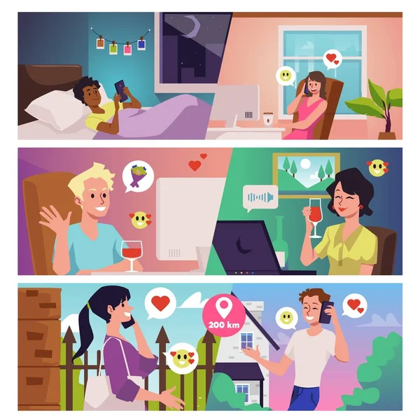 Set Scenes Long Distance Relationship Flat Style Vector Illustration Isolated — Wektor stockowy