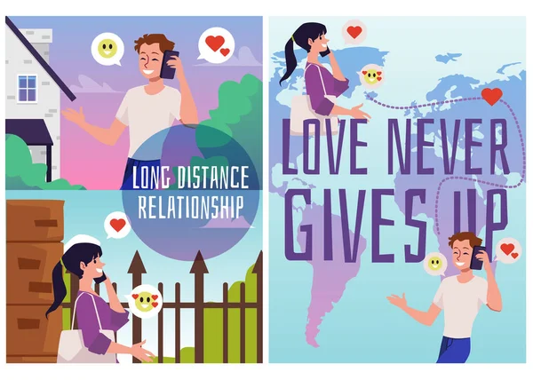 Long Distance Relationship Posters Set Text Flat Vector Illustration People — Archivo Imágenes Vectoriales