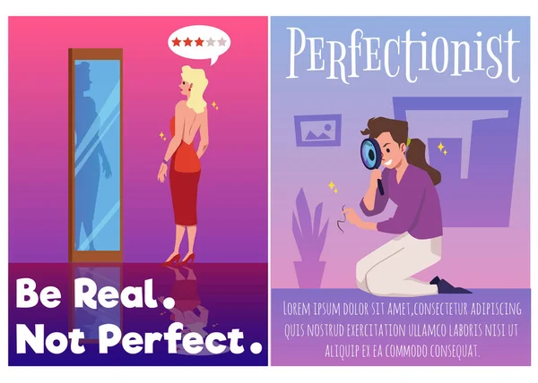 Perfectionism Posters Set Obsessive Cleaning Self Criticism Concepts Flat Vector — Wektor stockowy