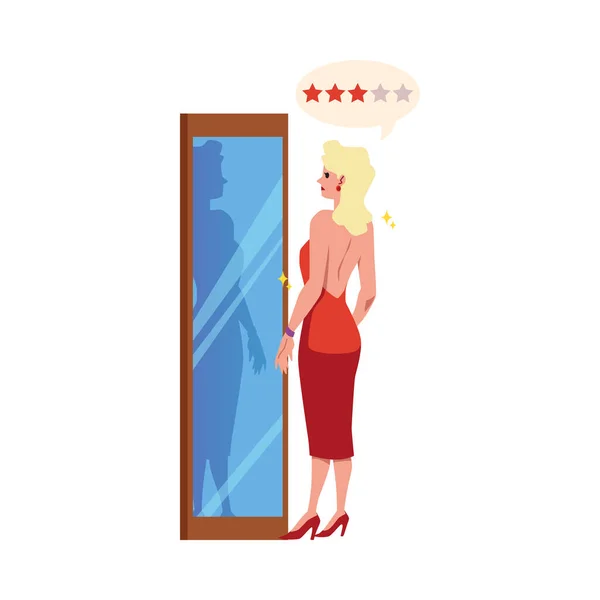 Blonde Woman Showy Red Dress Heels Evaluates Reflection Mirror Flat — Stockvector