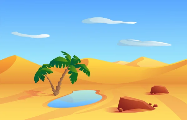 Bright Desert Landscape Oasis Brown Stones Sand Dunes Flat Style — Vetor de Stock