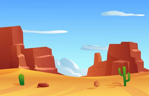 Sandy Desert Landscape Tumbleweed Succulent Cacti Rocks Flat Vector Illustration — Stok Vektör
