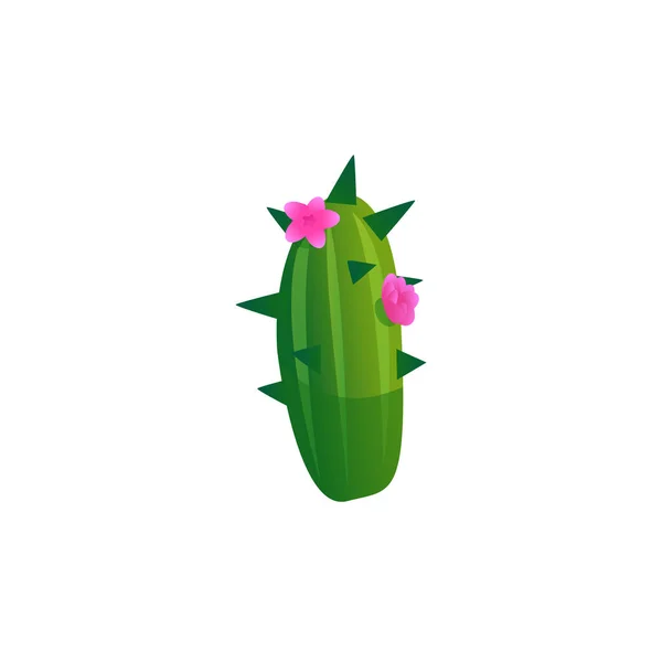 Green Desert Cactus Sharp Spikes Pink Flowers Flat Style Vector - Stok Vektor