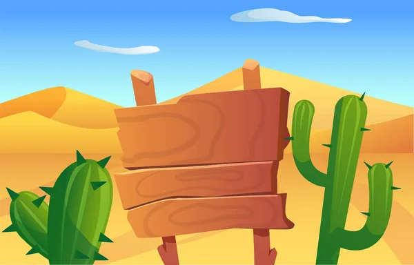 Пейзаж Пустыни Песчаными Дюнами Различные Кактусы Деревянная Табличка Плоского Стиля — стоковый вектор