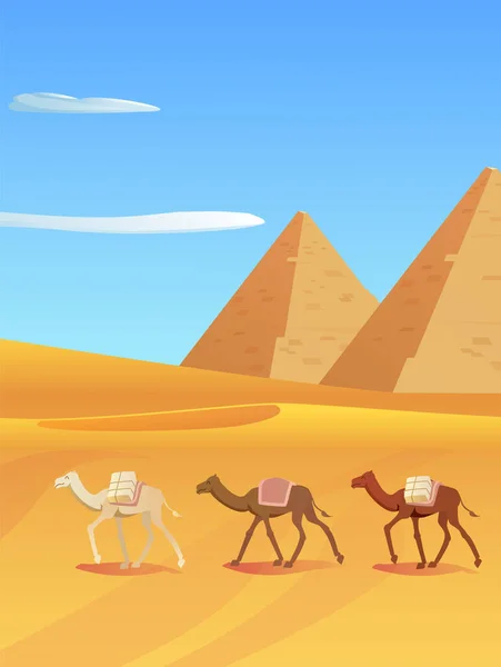 Camel Caravan Walking Desert Pyramids Flat Vector Illustration Egyptian Landscape — Stockvector
