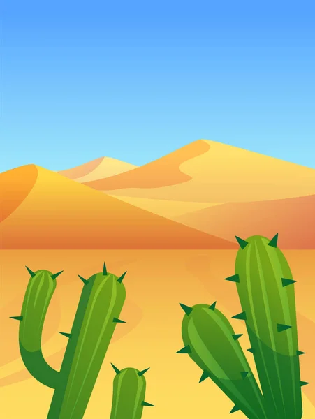 Вертикальний Пустельний Пейзаж Піском Кактусами Плоский Стиль Векторна Ілюстрація Блакитне — стоковий вектор