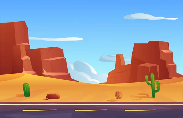 Desert Landscape Road Sandy Rocks Mountains Tumbleweed Flat Vector Illustration — Stok Vektör