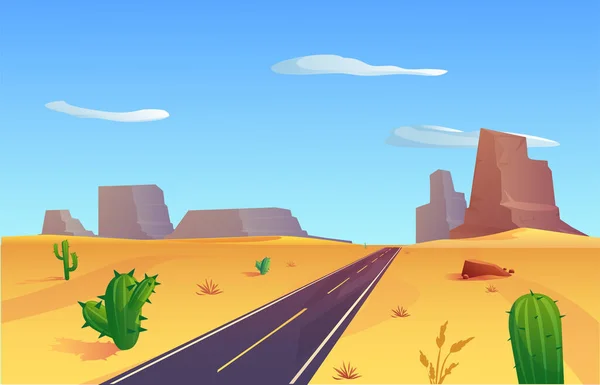 Modern Asphalt Highway Desert Rocks Flat Vector Illustration Landscape Background — Vettoriale Stock