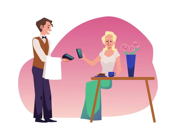 Femme Blonde Souriante Payant Avec Code Dans Café Style Plat — Image vectorielle