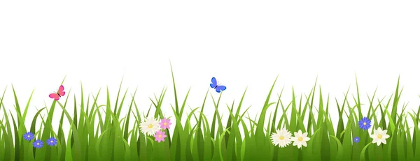 Seamless Green Grass Border Colorful Butterflies Different Flowers Flat Style — Stock Vector