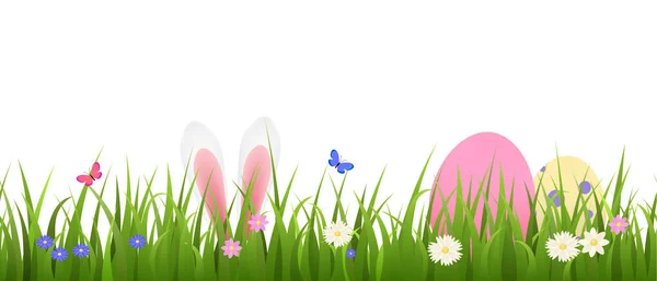 シームレスなイースター草の境界線や芝生 白い背景に現実的なベクトルイラスト 草の中に隠されたカラフルな春の花イースターエッグとウサギの耳 テキスト用スペース付き水平バナー — ストックベクタ