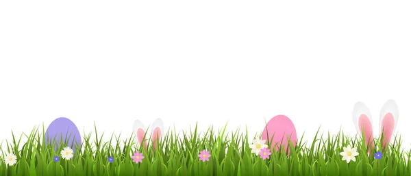 緑の草や塗装卵やウサギの耳などの休日のシンボルとイースター装飾シームレスな境界線 白い背景に隔離された漫画のベクトルイラスト — ストックベクタ