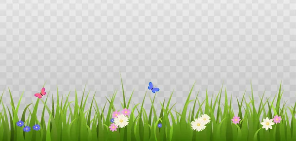 绿草边框 色彩艳丽的花朵 蝴蝶扁平的风格 矢量图解 背景透明 田园或草坪景观装饰设计要素 — 图库矢量图片