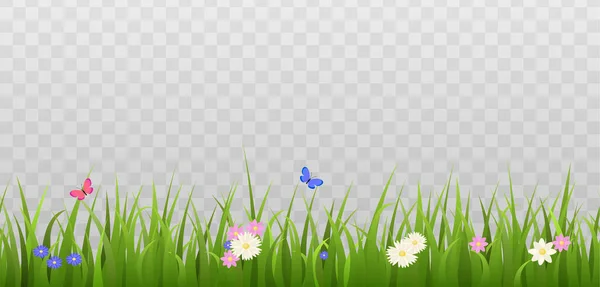 Green Grass Border Cute Colorful Flowers Butterflies Flat Style Vector — Stock Vector