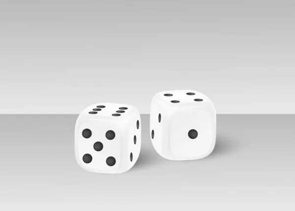 两个白色立方写实主义的附录 黑色的数字点躺在灰色的表面上 矢量插图 棋盘游戏元素抛掷 台面及赌局 — 图库矢量图片