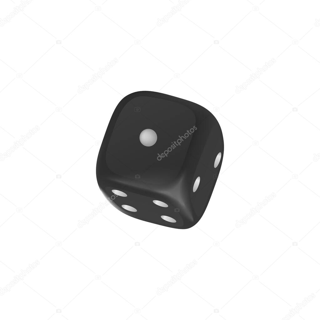 Gamble dice black cube with white spots template realistic vector illustration isolated on white background. Casino and gamble games fortune dice symbol.