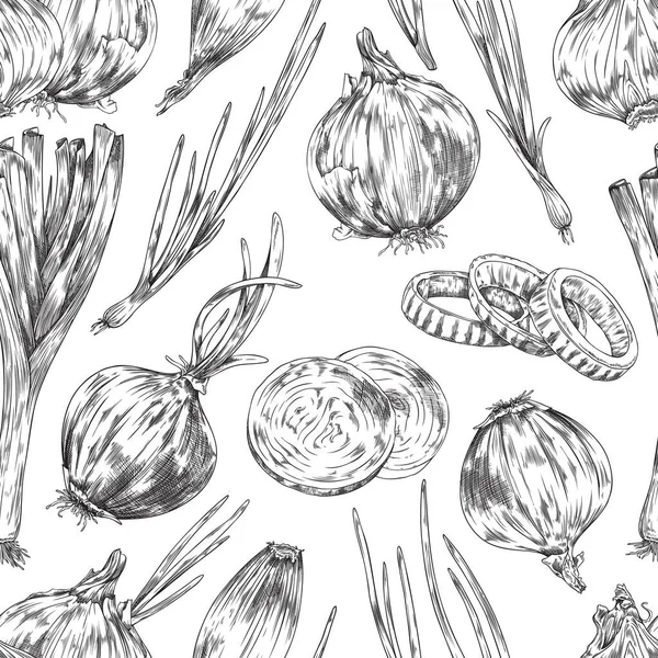 Black White Onion Seamless Pattern Sketch Vector Illustration White Background — Stock Vector