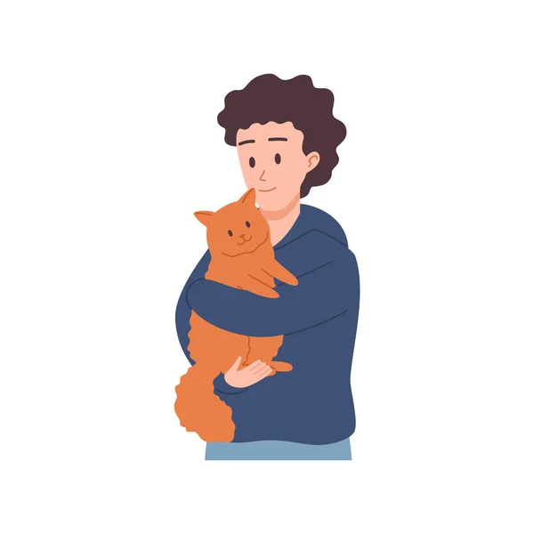 Niño Sosteniendo Abrazando Lindo Gato Jengibre Ilustración Plana Vector Dibujos — Vector de stock